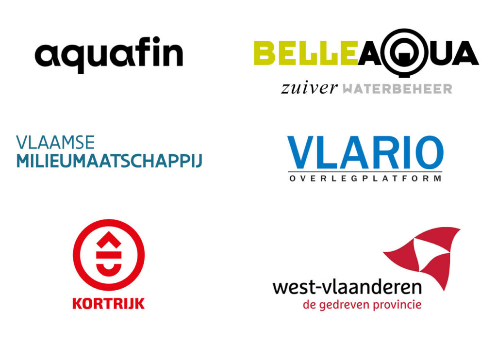 Logos: Aquafin, BelleAqua, Vlaamse Milieumaatschappij, Vlario overlegplatform, Stad Kortrijk, Provincie West-Vlaanderen